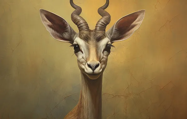 Look, portrait, horns, painting, face, beige background, antelope, African