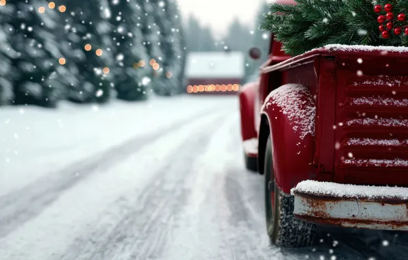 Winter, road, machine, snow, Christmas, truck, New year, car