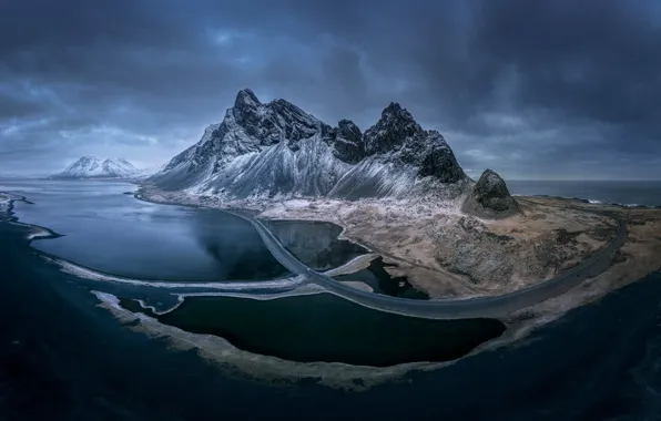 Winter, snow, mountains, shore, Iceland, pond