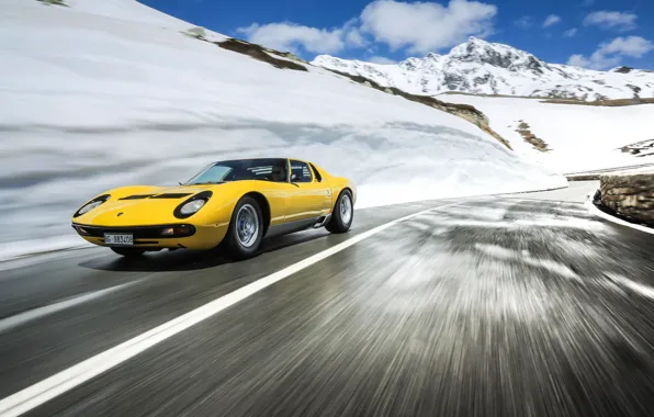 Color, Auto, Road, Mountains, Yellow, Lamborghini, Rocks, Snow