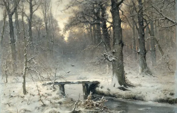 Winter, forest, snow, landscape, stream, oil, picture, the bridge