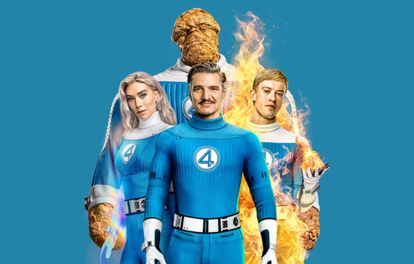 Picture poster, blue background, characters, Marvel, comic, Fantastic four, Fantastic Four, Pedro Pascal