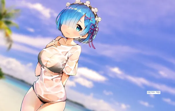 Beach, girl, retouching, Rem, Re: Zero kara hajime chip isek or Seikatsu, by Captain-Tree