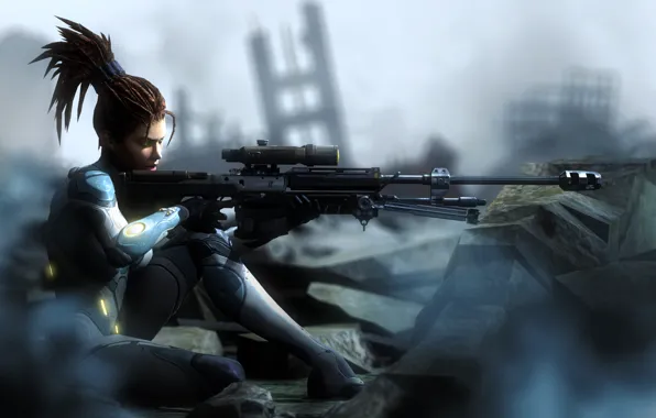 Picture girl, ruins, Sarah Kerrigan, sniper rifle