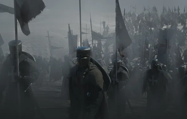 Sword, army, Knights, shield, banners, digital art, Crusader, The Templars