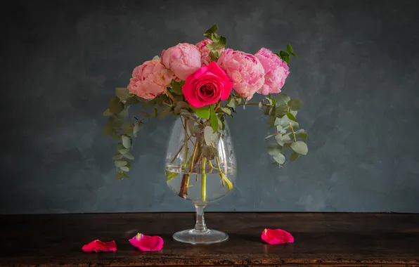 Flowers, table, pink, Board, glass, rose, bouquet, petals