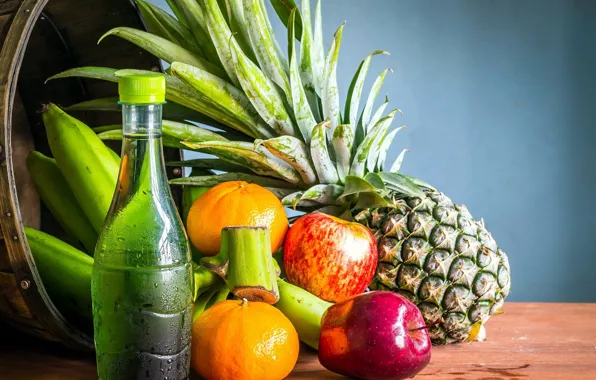 Apples, bottle, fruit, pineapple, tangerines