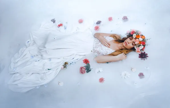 Girl, flowers, pose, background, wreath