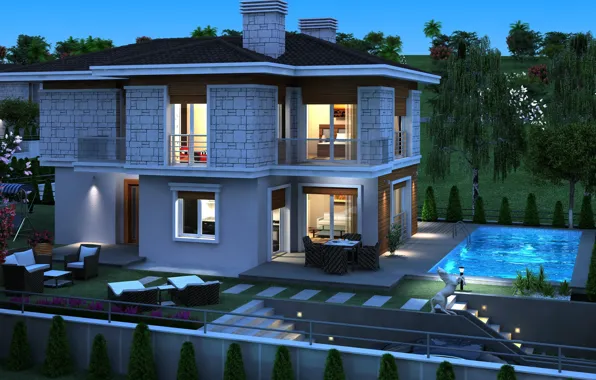 Night, design, house, photo, pool, mansion, 3D graphics