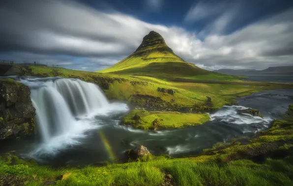 Greens, the sky, mountains, river, shore, view, mountain, waterfall