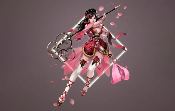 Picture Jeong Chan Jo, Character, Cherry Blossoms, Illustration, girl, staff, fantasy, art