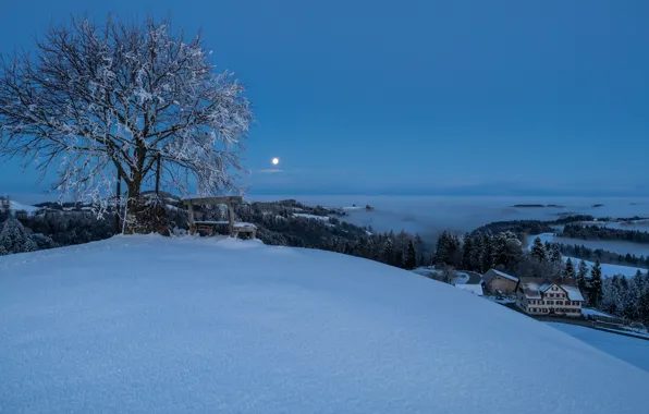 Winter, mountains, night, nature, fog, bench