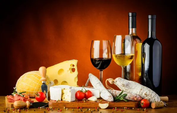 Wine, cheese, tomatoes, bacon, spices