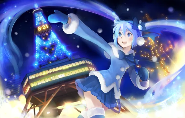 Winter, girl, time, the city, lights, Eiffel tower, Vocaloid, Vocaloid