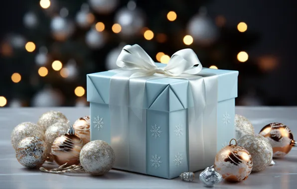 Winter, snow, decoration, snowflakes, balls, New Year, Christmas, gifts
