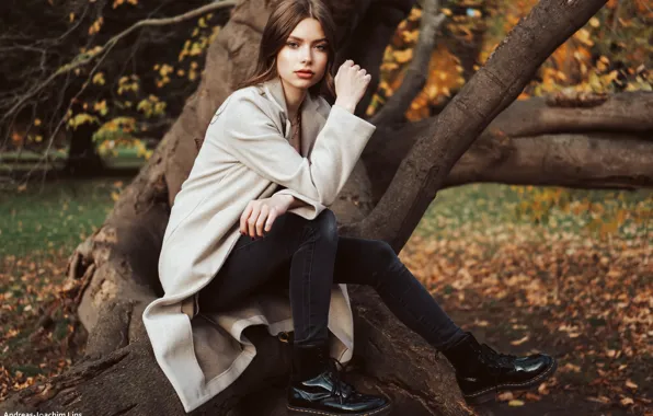 Picture autumn, look, girl, pose, tree, shoes, coat, Andreas-Joachim Lins