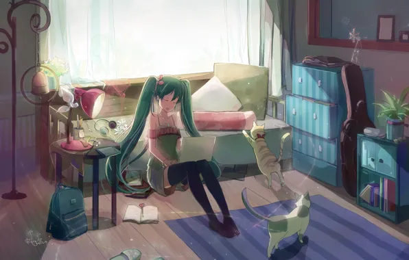 Picture girl, light, room, cats, lamp, anime, art, laptop