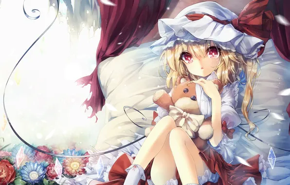 Picture look, girl, toy, surprise, bed, touhou, art, flandre scarlet