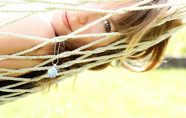 Picture girl, macro, face, mesh, hammock, pendant, freckles, chain