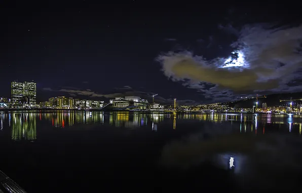 Night, lights, reflection, home, Norway, harbour, Oslo