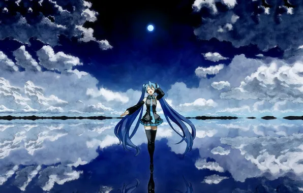 The sky, girl, clouds, night, the moon, art, vocaloid, hatsune miku