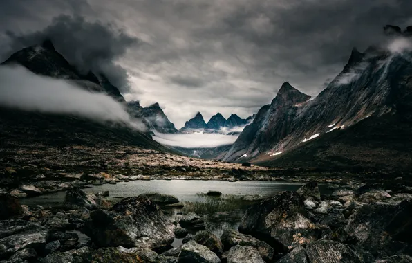 Clouds, landscape, mountains, nature, lake, stones, rocks, the evening