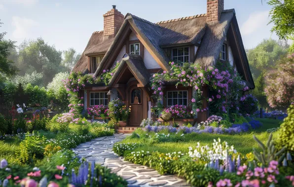 Summer, flowers, comfort, house, glade, tile, Windows, garden