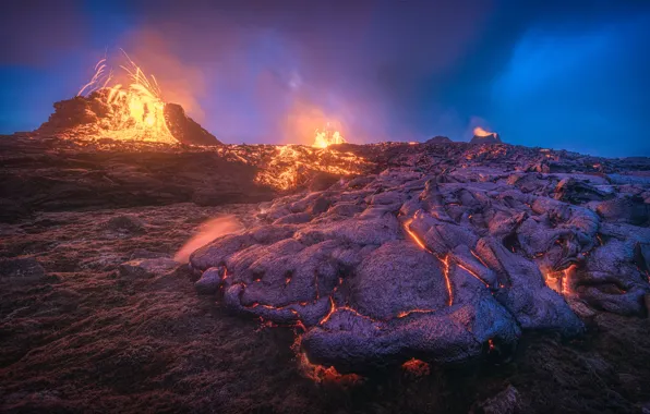 Mountains, fire, the volcano, the eruption, lava, relief