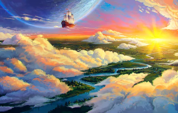 Clouds, landscape, river, earth, ship, planet, art