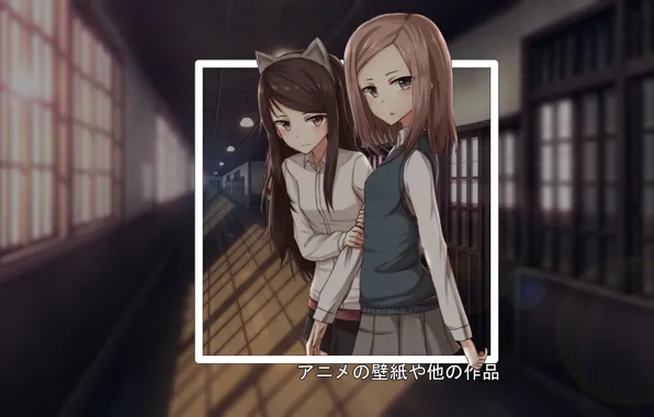 Girls, school, neko, anime, geometric shapes, corridor, madskillz, madskillz