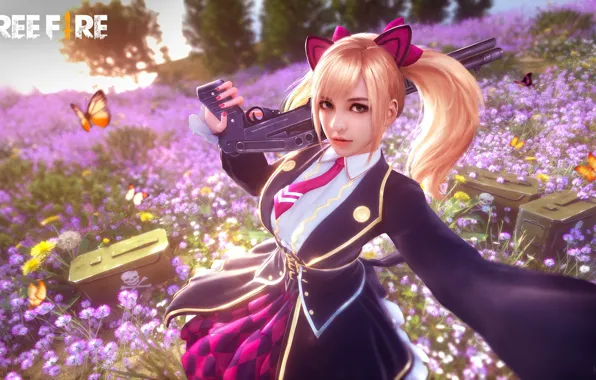 Look, trees, butterfly, weapons, the game, game, character, school uniform