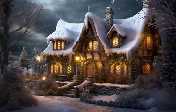 Winter, snow, night, lights, New Year, Christmas, house, house