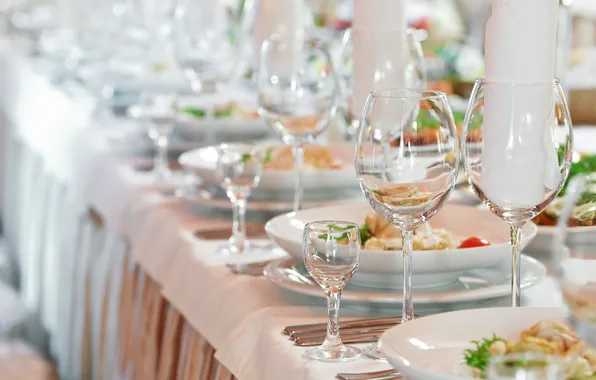 Glass, table, glasses, plates, serving, swipe