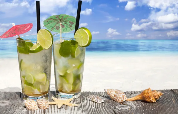 Picture sea, beach, shell, beach, sea, drink, mojito, cocktail