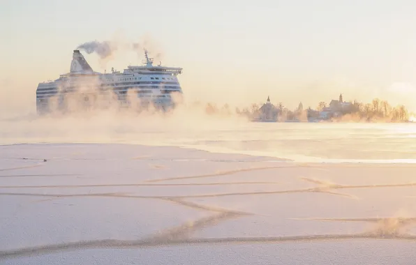 Winter, fog, ship, morning
