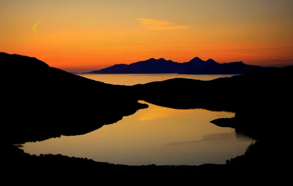 Sunset, mountains, lake, view, silhouette, glow