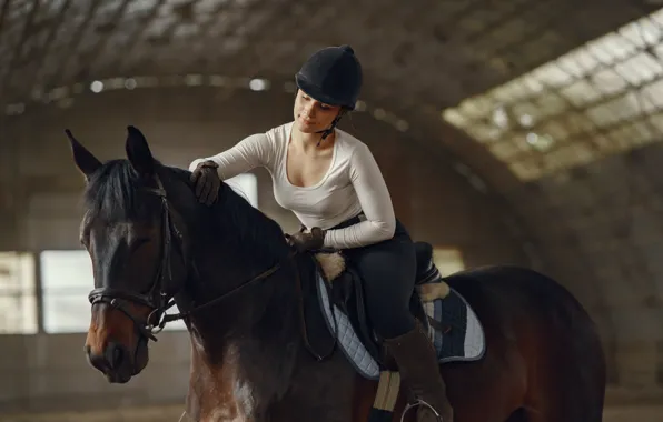 Look, girl, pose, horse, horse, boots, hands, mane