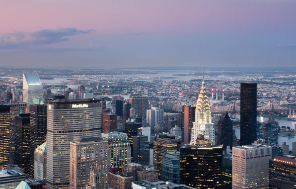 The sky, clouds, bridge, city, lights, lights, river, building