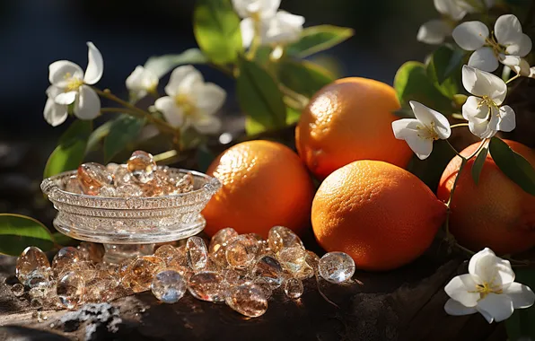 Glass, light, flowers, branches, table, oranges, lollipops, white