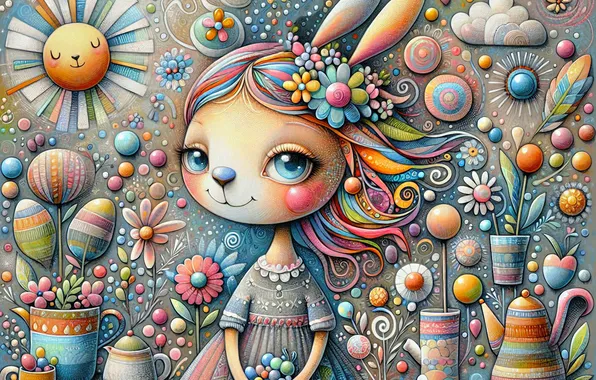 The sun, clouds, flowers, patterns, hare, styling, dress, girl