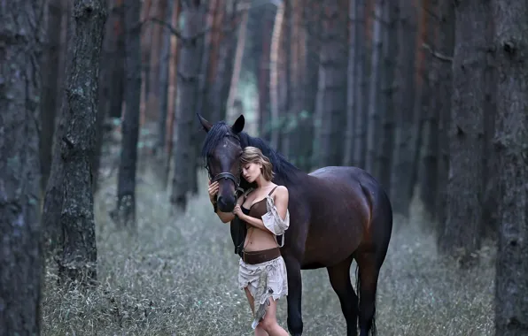 Forest, grass, girl, trees, nature, animal, horse, horse
