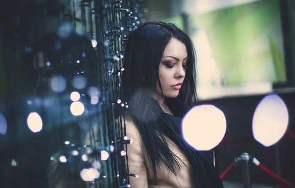 Lamp, model, portrait, makeup, scarf, brunette, hairstyle, garland