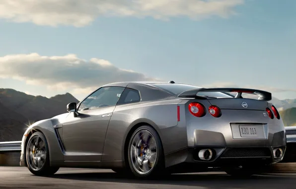 Picture road, clouds, mountains, Nissan GTR
