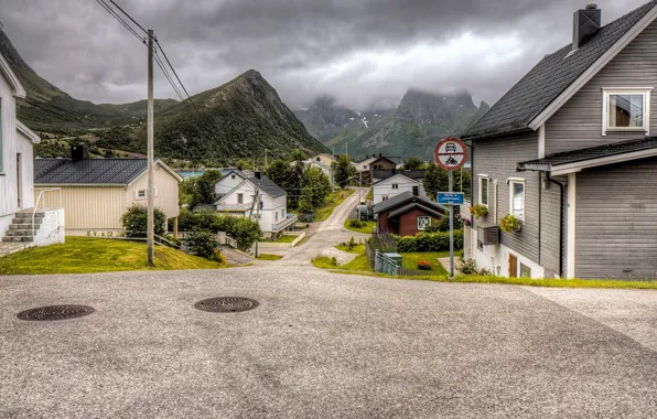 Road, clouds, trees, mountains, clouds, rocks, street, home