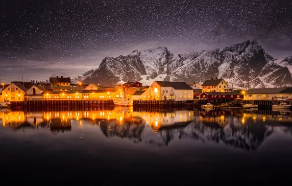 Picture the sky, stars, mountains, night, lights, Norway, North, the village