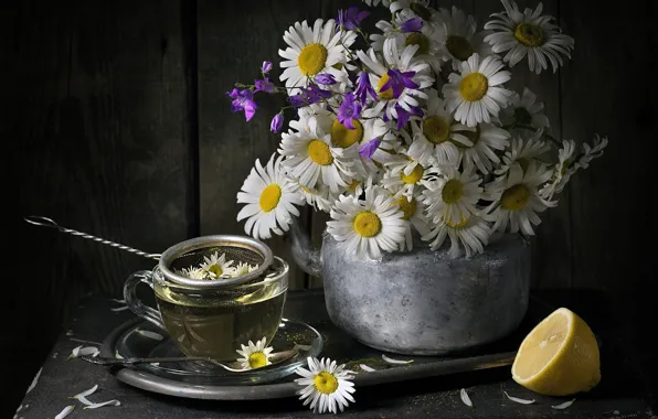 Lemon, tea, chamomile, bouquet, kettle, mug, still life, bells