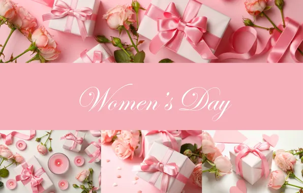 Flowers, roses, candles, gifts, happy, March 8, pink, flowers