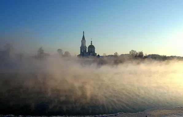 Picture fog, morning, temple, Tver