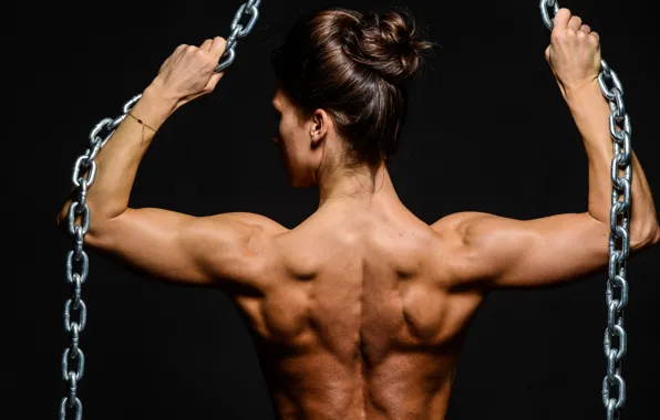 Picture woman, muscle, back, fitness, chains, bodybuilder