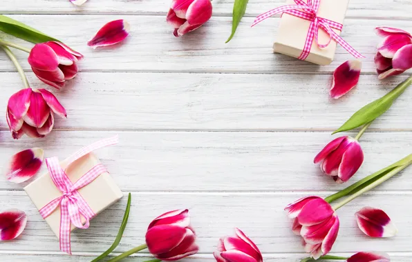 White, background, gifts, tulips, wood, Olena Rudo